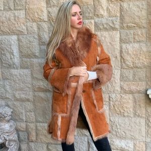 New Women's Cognac Shearling Sheepskin Fur Coat